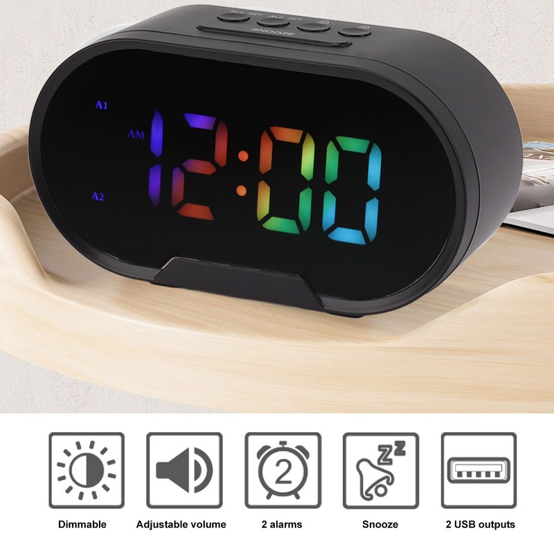 Digital Clock LED Alarm Big Digits Color Display Dimmable Adjustable
