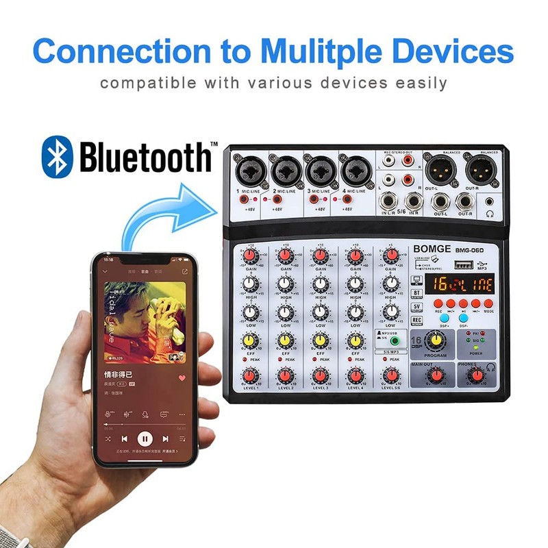BOMGE 6 Channel Audio Sound Mixer - Professional Digital DJ