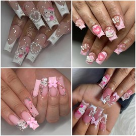 6Girds/Box Cartoon Nail Art Charms Set, 3D Cute Nail Rhinestones Charm Nail Bow and Heart 3D Flowers for Nails Design, Gems Pearls Nail Jewelry DIY Crafts Nail Art Accessories Manicure Tools