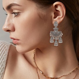 Jhumka Bell Tassel Earrings Jhumki Bollywood Traditional Ethnic Indian Earring Vintage Statement Dangle Stud Bohemian Gift for Women Xmas Oxidized Antique Wedding Party Festival Jewelry (Silver)