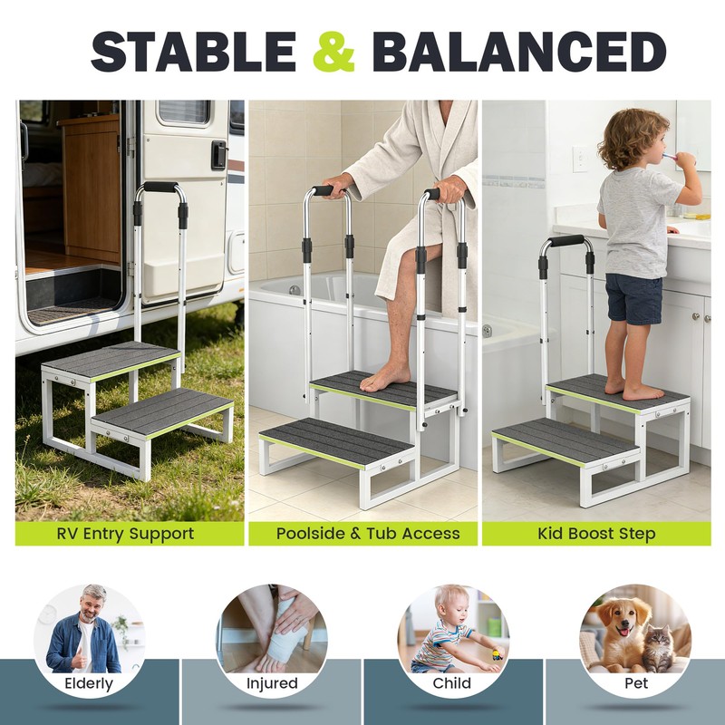 DEPSUNNY RV Steps with Dual Handrails, 2 Step Stool with
