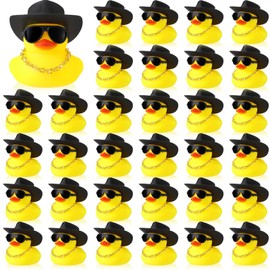 Sotiff 48 Sets Cowboy Rubber Ducks Bulk for Ducking Cool Rubber Ducks with Sunglasses Cowgirl Rubber Ducks with Mini Hat Necklace Bath Toy Squeaky Duckies Car Dashboard Decorations (Yellow)