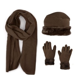 Nollia Women's Winter Fleece Winter Set-Polyester Fleece Hat, Gloves, and Scarf Set for Cold Weather-Brown with Fur Trim