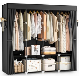 Neatrays Wardrobe Closet, 66 Inch Portable Closet for Hanging Clothes, Large Capacity Clothes Rack Organizer with Cover & 4 Hanging Rods & 8 Storage Shelves & 2 Side Pockets (Black)