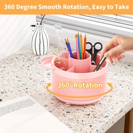 360 Degree Rotating Desk Organizer, Pencil Pen Holder with 5 Compartments and Tray Accessories, Desktop Supplies Organizers, Smooth Rotating Pen Holder Apply for Home, Office, School (Pink)