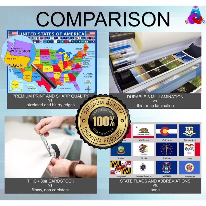 アメリカ合衆国地図と州旗ポスター ラミネート加工 14 x 19.5インチ 教育ポスター 子供用アメリカ地図 小学生教室の装飾品 教師用品