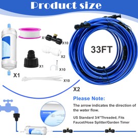Upgraded 33FT Chicken Coop Misting Cooling System with Water Filter Line & 20 Brass Mist Nozzles Teflon Tape 3/4" Adapter Outdoor Misters Misting Hose for Patio Outside Garden Backyard Greenhouse
