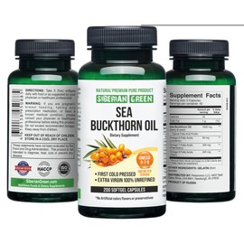 Siberian Green Siberian Sea Buckthorn Oil Capsules 200 Softgels | from Wild-harvested Siberian Sea Buckthorn Berries | Oil Cold Pressed Unrefined Gluten Free Non-GMO Premium Omega 7