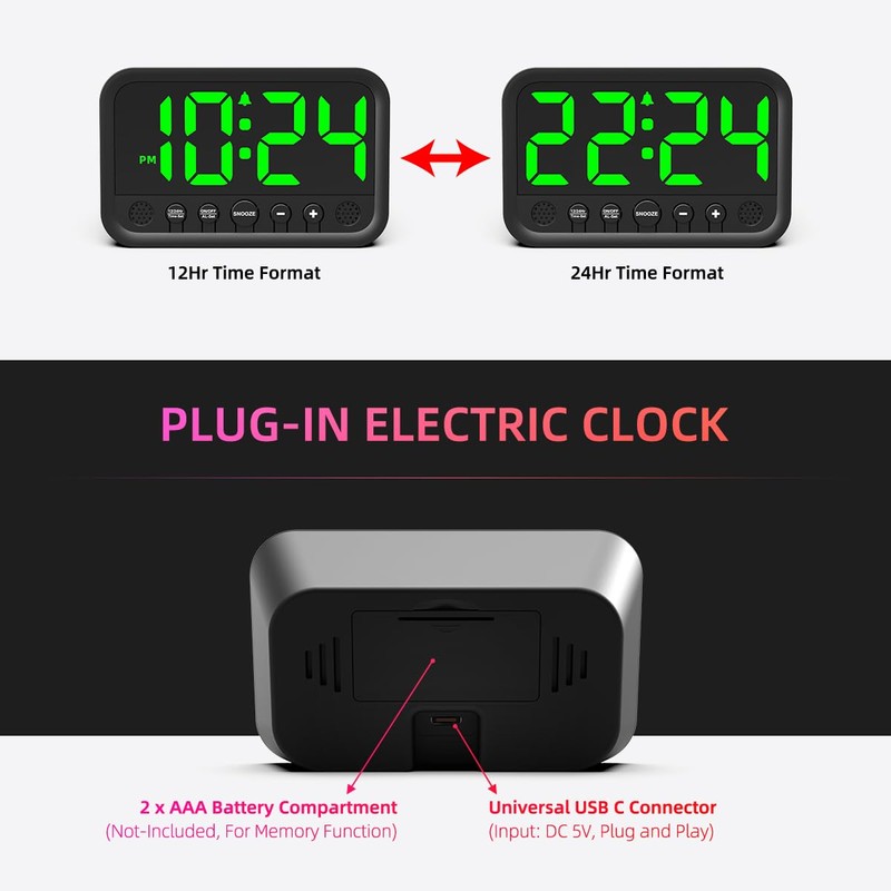 Small LED Digital Clock for Bedroom, Loud Alarm Clock for