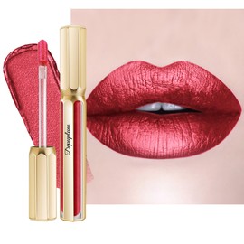 Depuplum Red Lipsticks for Women Metallic Lipstick Long Lasting Non Stick Cup Lip Gloss, Metal Shine Lightweight Hydrating Full Coverage Lip Color, DP105 Red Riot