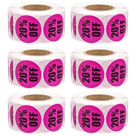 TOCCOOL 1inch Discount Stickers, Circular Deal Tag Label, 20 Percent Off Sticker for Store Promotion, Retail Use or Clearing Inventory (6 Rolls of 500 Each)