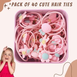 Hair Bobbles for Girls in a Metal Box, Small Hair Ties, Kids Hair Accessories, Thin Hair Bands, Elastic Hair Bands with Cute Cartoon Characters (40 Pieces Pink Beach with Metal Box)