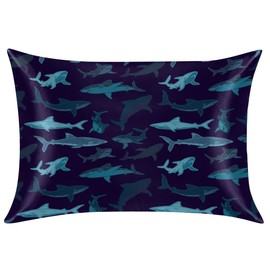 Silk Satin Pillowcase Standard Size for Hair and Skin, Navy Ocean Shark Print Cooling Pillow Case with Hidden Zipper Soft Breathable Pillow Cover Gifts for Women Men, 20x26in