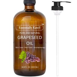 Essentially KateS Grapeseed Oil 16.9 Fl Oz - A Huge Glass Bottle with a Pump - 100% Pure and Natural, Cold Pressed, and Hexane-Free - Hair, Skin and Body