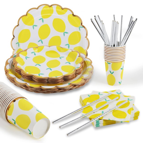 Lemon Party Supplies,120pcs Disposable Lemon Dinnerware Set with 20 Dinner Plates, 20 Dessert Plates, 20 Cups, 20 Straws & 40 Napkins for Birthday Baby Shower Pool Party Dinner Dessert - 20 Guests