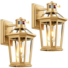 VIANIS Outdoor Wall Lights Lantern, 2 Pack Gold Motion Sensor Proch Light, Dusk to Dawn Weather Resistant Exterior Lights for House Sconce, Waterproof Garage Lights with Clear Glass Shade