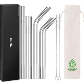 VEHHE Reusable Metal Straws,10Pcs 10.5" Stainless Steel Drinking Straws with Case and Cleaning Brush for 20/30 Oz for Yeti RTIC SIC Ozark Trail Tumblers (5 Straight|5 Bent|2 Brush)