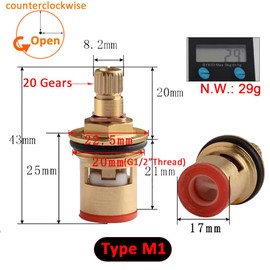 Brass Ceramic Cartridge G1/2" Faucet Ceramic Shaft Cartridges Replacement for Hot Water Faucet Coil Valve with Screw (M1-H43mm)