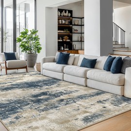 BEIMO Area Rugs 9x12 for Living Room Bedroom, Modern Abstract Machine Washable Rug, Large Soft Low Pile Floor Cover with Non Slip Backing for Dining Room, Blue Beige