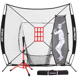 AOLIGEIJS 7'X7' Baseball Softball Practice Net,Pitching Net,Batting Net,with Baseball Tee,Bonus Strike Zone and Bow Frame,for Hitting,Pitching, Catching (Black Net+Red Tee+Batter Dummy)