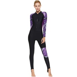 Akaeys Women's Full Body Swimsuit Rash Guard One Piece Long Sleeve Long Leg Swimwear with UV Sun Protection, Purple-leaves, Small