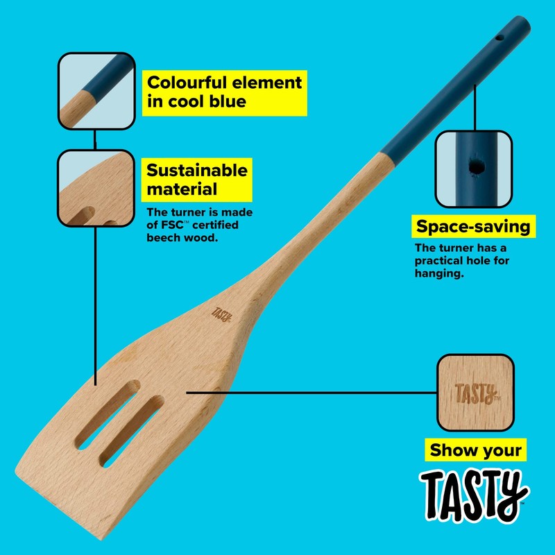 Tasty Wooden Slotted Turner Spatula with Bevelled Front Edge, Heat-Resistant