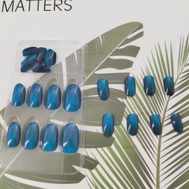 Xenophoer Short Press on Nails Oval Blue Cat Eye Fake Nails Acrylic Glue on Nails with Silver Glitter Designs Nails Press ons for Women Daily Wear 24 Pcs