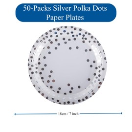 CEILIWEN 50 Pack 7 Inch (18cm) Paper Plates - White & Silver Polka Dot Design for Wedding, Anniversaries, Christmas and Events, Silver Party Decorations