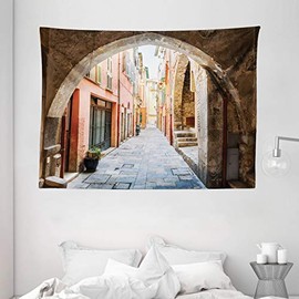 Ambesonne European Tapestry, Stone Arch Medieval Heritage Cote d'Azur South France Cityscape Photo Scenery, Wide Wall Hanging for Bedroom Living Room Dorm, 80" X 60", Umber Salmon