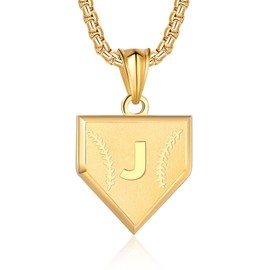 Initial A-Z Necklace for Boys Stainless Steel Letter Shield Pendant Box Chain 22+2 inch Inspirational Baseball Home Plate Necklace Baseball Jewelry Gift for Men(G-J)