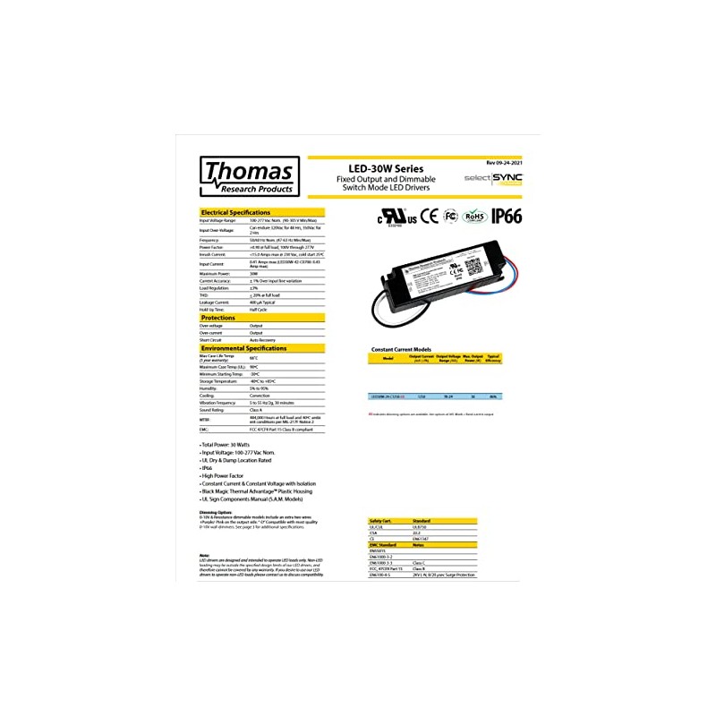 Hubbell Thomas Research Products LED30W-24-C1250-D LED Driver, Constant Current, Dry