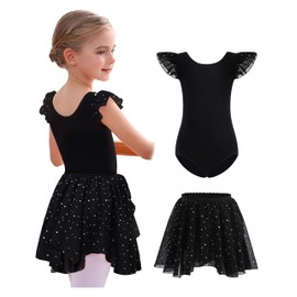 MdnMd Dance Ballet Black Leotards for Girls Toddler with Skirt Combo Ballerina Dresses Outfit Ruffle Sleeve Glitter(Black, 4-6 Years)