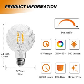 GUILEDUO G95 Large Pineapple Shaped Edison Light Bulb, 4W Globe Dimmable LED Decorative Lights 40 Watt Equivalent, 2700K Warm White G30 Clear Glass Vintage Round Bulb for Light Fixture