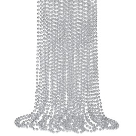 SHAOQINLIN 12 PCS Silver Mardi Gras Beads, 33" Silver Christmas Necklaces, Metallic Patriotic Beads Necklaces, Parade Throws Accessories for Christmas Independence Day New Year Party Favors