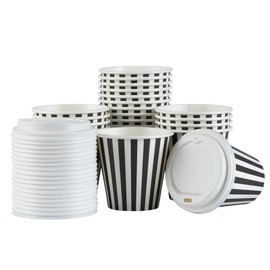 8 Ounce Disposable Coffee Cups With Lids, 20 Hot Cups With Lids - Sleeves Sold Separately, Single Wall, Black And White Stripe Paper Coffee Cups, For All Kinds Of Beverages - Restaurantware