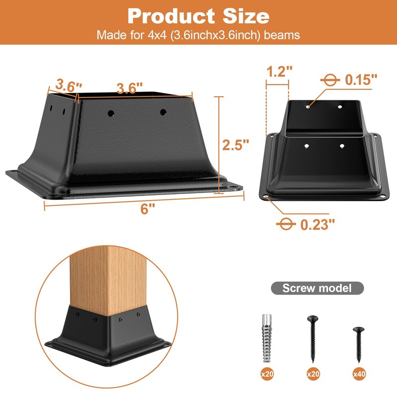 FMhotu 5Pcs 4x4 Post Base, Internal 3.6"x3.6" Heavy Duty Powder-Coated