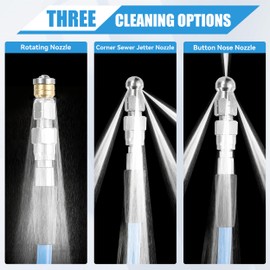 RIDGE WASHER Sewer Jetter Kit for Pressure Washer 200FT, 3600 PSI Drain Cleaning Hose with Short Pressure Washer Gun, 1/4 Inch NPT Corner, Rotating and Button Nose Sewer Jetting Nozzle