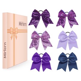 Mirlern 6 Packs Large Cheer Hair Bows, Elastic Hair Ties with Purple Bows, 8 Inch Jumbo Bow with Ponytail Holder, Sequin Bling Hair Accessories for Teen Girls Softball Cheerleader Sport (Purple)