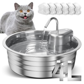 Cat Water Fountain, 4L/135OZ Stainless Steel Pet Fountain with 6 Filters Dog Water Dispenser, Dog Water Bowl Cat Drinking Fountains Watering Supplies with Ultra-Quiet Pump for Pets Indoor