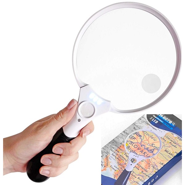Magnifying Glass with Light | Large 5.5 Inch Handheld LED Glass Illuminated Lighted Magnifier | 2X 5X 20x Magnifying Glass for Seniors, Jewelers, Macular Degenaration, Reading, Inspection, Jewelry