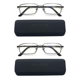 EYE ZOOM Reading Glasses Blue Light Blocking 2 Pack Rectangular Metal Anti Blue Ray and UV Readers, Gunmetal, +2.00