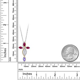 Cross Necklace For Women In 925 Silver and 10K Yellow Gold with White Moissanite and Created Ruby and Tanzanite | 1.55 Cttw | Jesus Christian Religious Crucifix | Marquise 8X4MM | With 18 Inch Chain