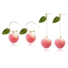 DAMLENG - Juego de 2 pares de aretes colgantes para mujeres, niñas, adolescentes, aretes de aro de fruta, súper ligeros, realistas, color rosa melocotón con hoja, para mujeres y adolescentes, Espuma,