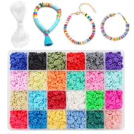 Anvin 6000 Pcs Flat Clay Beads 6mm 24 Colors Polymer Clay Heishi Beads Round Spacer Beads Disk Beads with 10m Elastic Crystal Strings for Jewelry Making Bracelets Necklace Earring Beaded Phone Charms