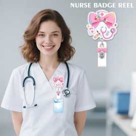 Pink Bow Cute Badge Reel, Cute Bow Retractable Nurse Alligator Clip for Women, ID Badge Reel Name Tag Badge Holder for Office School Hospital Nurses Doctors Teachers