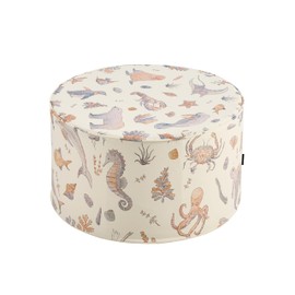 Weaverlane High Density Foam Pouf Ottoman for Living Room, Bedroom, Playroom, Full Foam Filling Footrest for Couch, Extra Seating Sealife Nautical Home Décor Large Firm Supportive PU (Cream Multi)