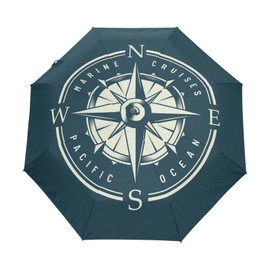 Poeticcity Monochrome Marine Label with Navigational Compass Design Automatic Folding Umbrella, Auto Open/Close 3 Folds Parasol, Compact Windproof Strong Umbrellas for Travel Sun & Rain
