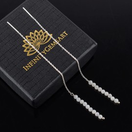 InfinitygemsArt White Moonstone Beaded Gemstone Threader Dainty Earring Pair - Natural Beads Crystal - Birthstone, Gift for her, Energy Healing Crystals Jewelry in Silver Plated, Every Day Wear Jewelry, Elegant Gift