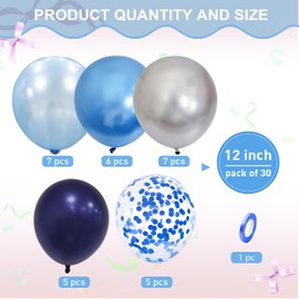 Blue Silver Balloons, Ousuga 30Pcs 12 Inch Pearl Navy Night Dark Blue Metallic Silver Blue Confetti Latex Balloons Set for Men Women Birthday Wedding Baby Shower Baptism Anniversary Party Decorations