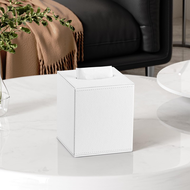 White Tissue Box Cover Square, Leather Tissue Box Holder Decorative,